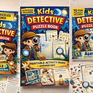 Puede incluir: Libro de rompecabezas Kids Detective para niños de 5 a 8 años con 10 rompecabezas divertidos incluidos. La portada presenta un detective de dibujos animados con una lupa. Libro de actividades imprimible con clave de respuestas. El libro es azul, rojo y amarillo.