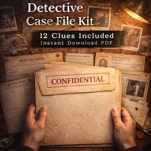 Peut inclure: Un kit de dossier d'enquêteur de style vintage avec le texte "Detective Case File Kit" et "12 indices inclus, téléchargement instantané PDF". Le kit comprend une enveloppe "Confidentiel", des notes de détective, des dossiers et des photos.
