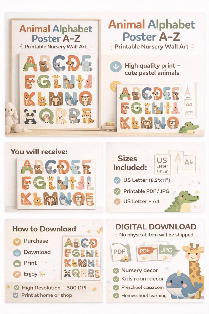 Animal Alphabet Poster A-Z Printable, Nursery Wall Art, ABC Animals ...