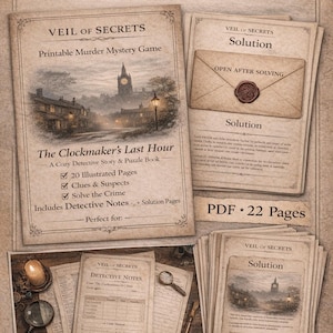 Utskrivbart mordmysteriespelkit | Detektivanteckningar och lösning ingår | Partyspel PDF | Direktnedladdning
