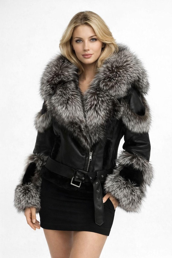 Kadın Siyah Hakiki Deri Kürklü Mont Doğal Kürk Detaylı Lüks Model
