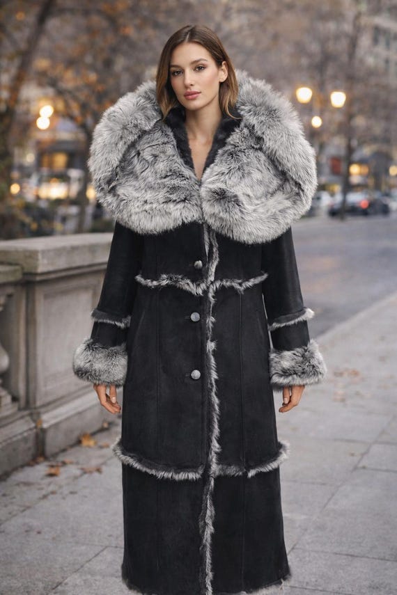 Lüks Kürk Yakalı Siyah Deri Kaban Zamansız şıklık