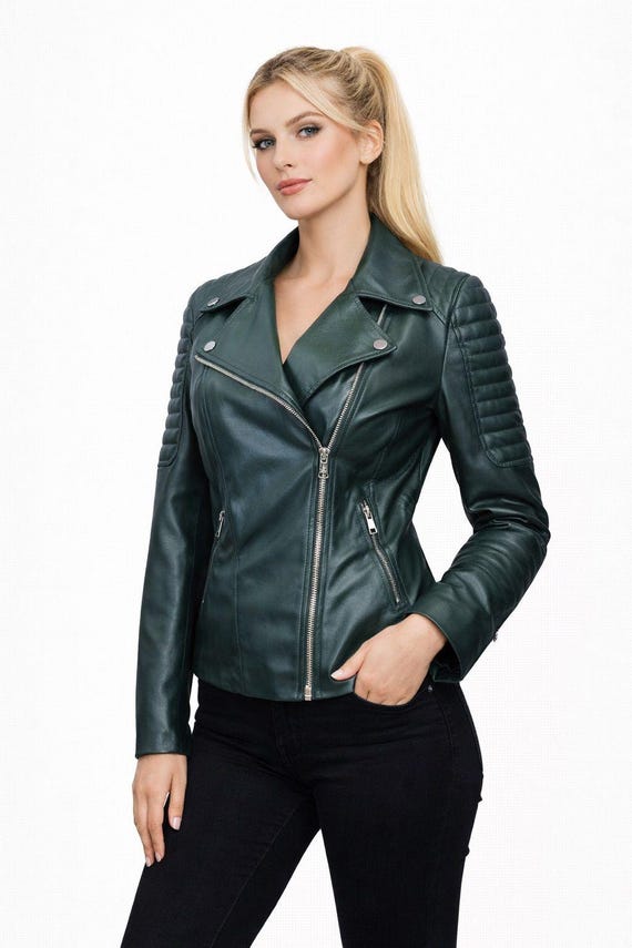 Emerald Green Leather Biker Jacket - Modern Women's Moto Coat