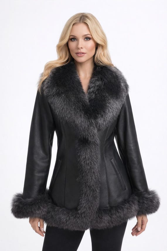 Gerçek Tilki Kürklü Siyah Deri Kadın Kaban