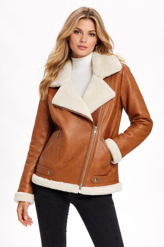 Handmade Leather Aviator Jacket: Shearling Collar, Taba Brown