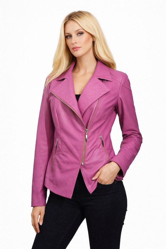 Kadın Gerçek Deri Ceket, Pembe Deri Mont, Fermuarlı, Şık zamansız Tasarım