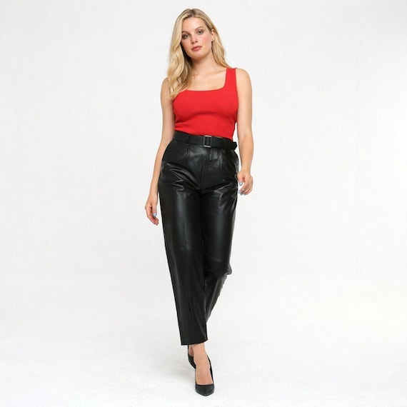 Modern Şık Gerçek Deri Kadın Pantolon Yüksel bel