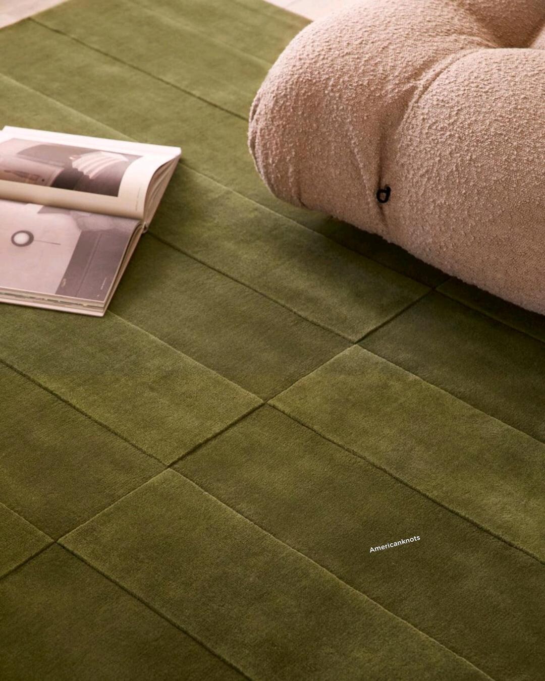 Luxury Olive Green Hand Tufted Wool Rug, Minimalist Modern Area Rug ...