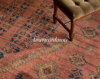 Tapete de corredor de lã feito à mão, estilo vintage pêssego e laranja, da marca Oushak, para cozinha ou corredor, disponível nos tamanhos 8x10, 10x14, 12x15 e 12x18.