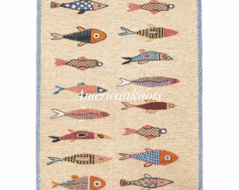 Luxury Hand Knotted Wool Rug Fish Design Scandinavian Area Rug Custom Size 8x10 10x14 12x15 12x18 Modern Handmade Rug