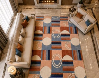Luxe handgemaakt wollen tapijt, modern geometrisch vloerkleed, op maat gemaakt handgetuft abstract tapijt, eigentijds woonkamertapijt