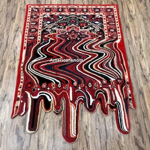 Luxury Melted Persian Hand Tufted Wool Rug 5x7, Red Black Abstract Area Rug, Custom Size Designer Carpet