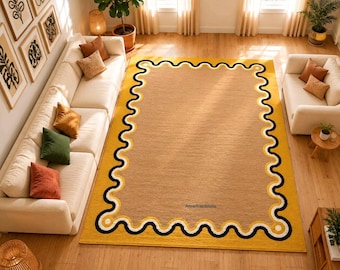 Luxe handgemaakt wollen tapijt, modern abstract vloerkleed, op maat gemaakt handgetuft tapijt, beige geel eigentijds woonkamertapijt