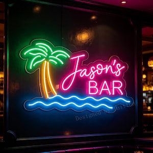 May include: Neon sign for "Jason's Bar" featuring a palm tree and ocean waves. The sign has a green palm tree, a pink and white "Jason's" script, and a blue "BAR" text. The waves are blue, and the sign is on a black background.