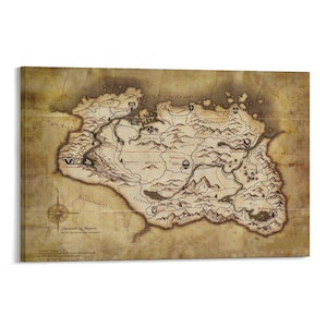 May include: A canvas print of a detailed map of Skyrim, featuring geographical details, place names, and a compass rose. The map is rendered in a vintage style with a sepia-toned color palette, evoking a sense of exploration and adventure.