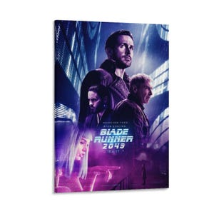 May include: A vertical movie poster for Blade Runner 2049, featuring Ryan Gosling, Harrison Ford, and other actors. The poster has a dark, futuristic aesthetic with a purple and blue color scheme. The movie title and release date are displayed prominently.