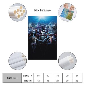 Puede incluir: Impresi&oacute;n en lienzo que representa una escena de cine con personajes animados. La obra de arte incluye el texto "No Frame" y medidas en pulgadas. Los personajes est&aacute;n en un cine, con un fondo azul oscuro.