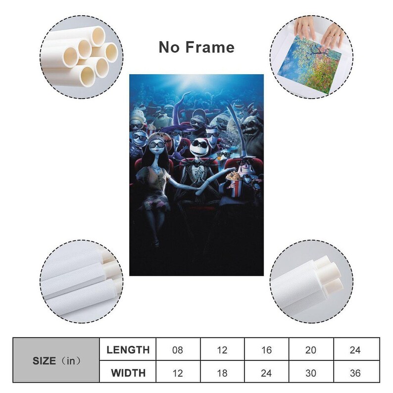 Puede incluir: Impresi&oacute;n en lienzo que representa una escena de cine con personajes animados. La obra de arte incluye el texto "No Frame" y medidas en pulgadas. Los personajes est&aacute;n en un cine, con un fondo azul oscuro.