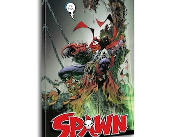 May include: A rectangular canvas print featuring a comic book illustration of the character Spawn. The figure wears a red cape, spiked armor, and chains, sitting on a throne. A speech bubble says I'M BACK and the word SPAWN is in red at the bottom.
