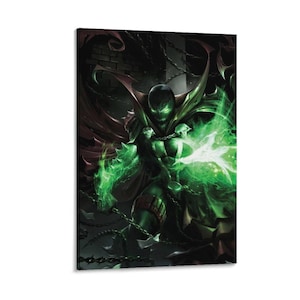 Puede incluir: Impresión en lienzo que presenta una ilustración de cómic de Spawn, un superhéroe. La obra de arte muestra a Spawn en una pose dinámica, rodeado de energía verde y cadenas, sobre un fondo oscuro. La paleta de colores incluye tonos de verde, negro y rojo.