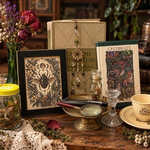 May include: A framed print featuring a central beetle surrounded by ferns, flowers, and moon phases, displayed alongside a glass jar with a yellow lid, a brass pedestal dish with a magnifying glass, a book titled Celebrate, and a cream teacup.