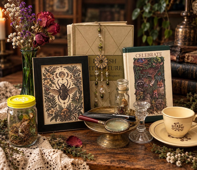 May include: A framed print featuring a central beetle surrounded by ferns, flowers, and moon phases, displayed alongside a glass jar with a yellow lid, a brass pedestal dish with a magnifying glass, a book titled Celebrate, and a cream teacup.