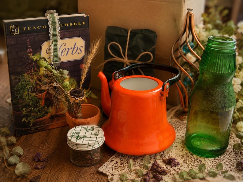 May include: A bright orange teapot with a black handle, a green glass bottle, a small jar with a butterfly-patterned lid, a terracotta pot, and a book titled Teach Yourself Herbs, all arranged together with dried plant elements and a copper wire frame.