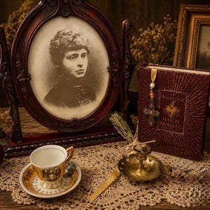 May include: A dark red oval picture frame containing a black and white portrait of a person, a book titled The Secrets of High Magic with a cross bookmark, a gold-rimmed teacup and saucer, and a small brass candle holder on a lace doily.