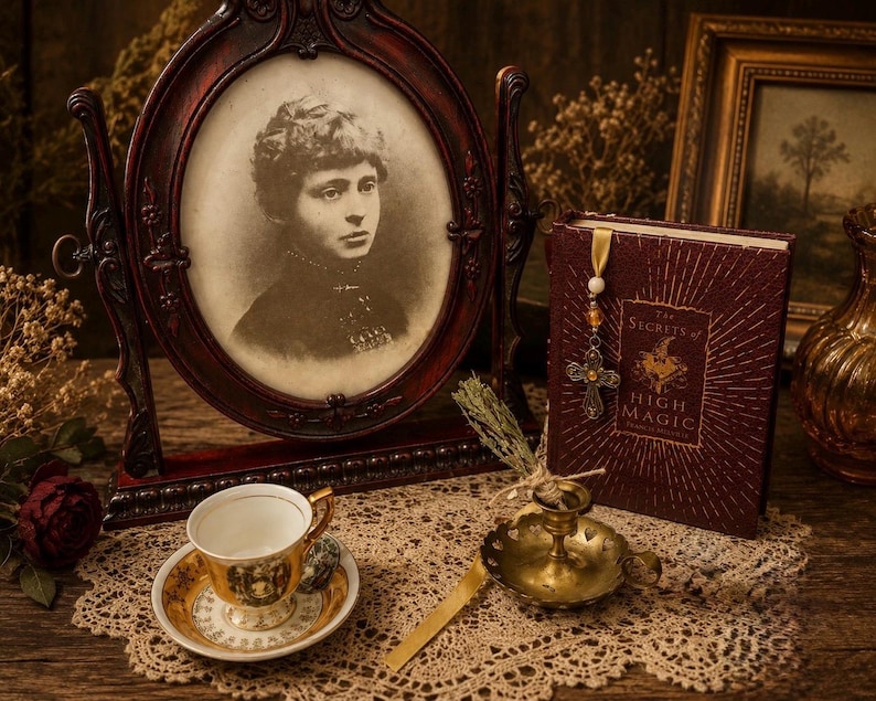 May include: A dark red oval picture frame containing a black and white portrait of a person, a book titled The Secrets of High Magic with a cross bookmark, a gold-rimmed teacup and saucer, and a small brass candle holder on a lace doily.