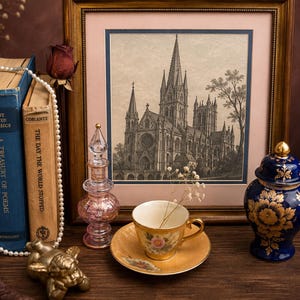 May include: A framed black and white architectural print of a cathedral, two vintage books, a pearl necklace, a pink glass perfume bottle, a gold-toned teacup and saucer with floral patterns, and a blue and gold lidded porcelain jar.