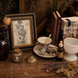 May include: A framed black and white illustration of a skeletal figure entwined with a snake, displayed alongside a dark purple vase, a teacup on a saucer, a book titled Alchemy & Mysticism, a small glass jar, and a white milk glass pedestal bowl.