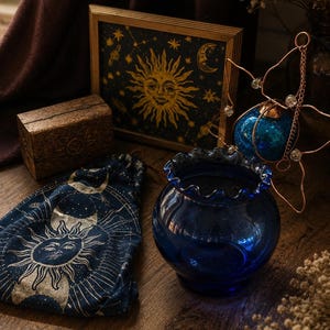 May include: A dark blue glass bowl with a ruffled rim, a navy fabric drawstring pouch featuring a gold sun and moon print, a small wooden box with a sun carving, a framed celestial print, and a copper wire star ornament with clear beads.