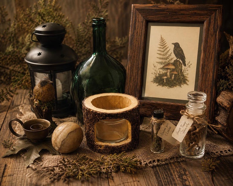 May include: A collection of items including a black metal lantern, a dark green glass bottle, a wooden picture frame with a raven and fern print, a bark-covered candle holder, a small metal cup, a smooth stone, and two small glass apothecary jars.