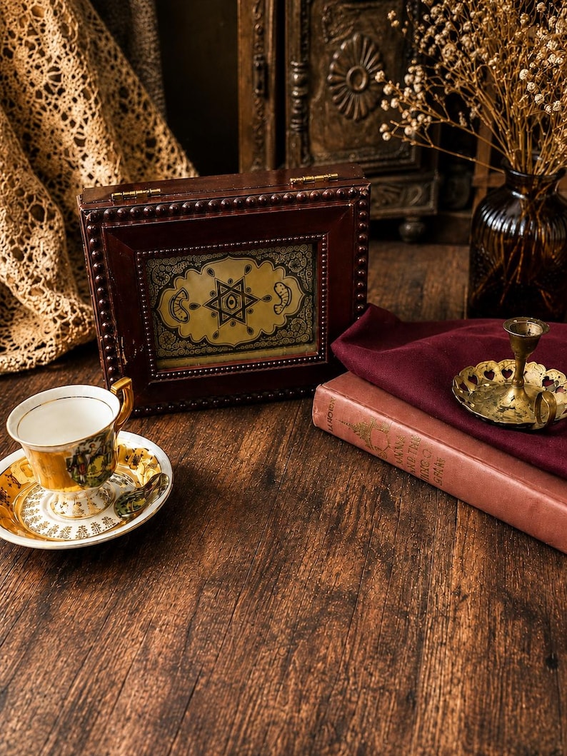 May include: A rectangular dark brown wooden box with a central decorative panel featuring a black star and crescent moon design. The box is accented with small metal studs along the edges and includes a gold-toned metal hinge on the top lid.