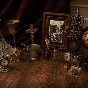 May include: A collection of vintage items including a clear glass decanter, a brass chalice, a wooden crucifix, a framed black and white print, a silver mug, a metal candelabra, a small globe, a desk clock, and a small coin in a plastic sleeve.