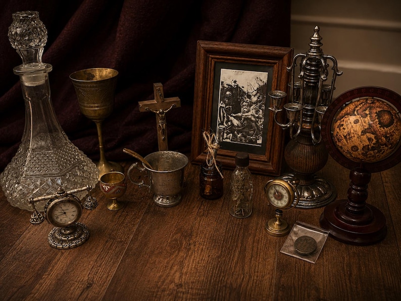 May include: A collection of vintage items including a clear glass decanter, a brass chalice, a wooden crucifix, a framed black and white print, a silver mug, a metal candelabra, a small globe, a desk clock, and a small coin in a plastic sleeve.
