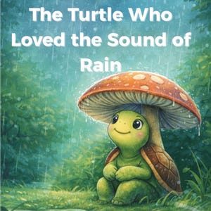 May include: A charming illustration of a green turtle under a mushroom in the rain. The turtle has a smiling face, and the text at the top reads "The Turtle Who Loved the Sound of Rain."