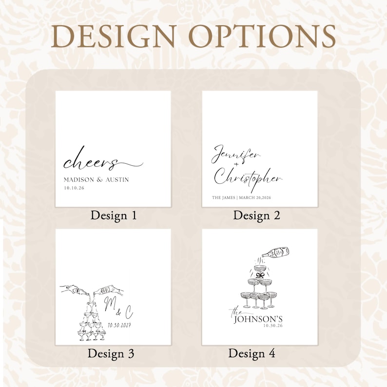 May include: Four square design options for custom labels featuring black text and line art on white backgrounds. Designs include the word cheers, names like Jennifer and Christopher, and illustrations of champagne towers with dates and names.