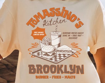 Tomassino's Kitchen Brooklyn T-Shirts, Retro Diner Tote Bag, Burger Fries Malt, Vintage Fast Food, Retro New York 90s Minimalist