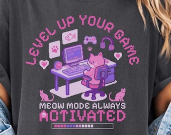 Level Up Your Game T-Shirts, Tote Bag, Pixel Cat Gamer, Meow Mode Activated, Cute Kawaii Gamer, Funny Gaming Gift, Pixel Art, Cat Lover