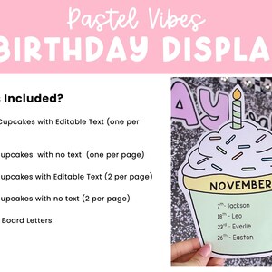May include: A birthday display set featuring pastel-colored cupcake cutouts with editable text fields for names and dates, including large and small cupcake options, bulletin board letters, and a sample cupcake labeled November with names listed below.