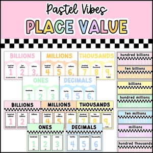 May include: A set of educational place value charts featuring pastel colors and black and white checkered borders. The text includes Pastel Vibes, PLACE VALUE, and various numerical place names like Billions, Millions, Thousands, Ones, and Decimals.
