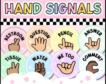 May include: A set of circular pastel-colored signs labeled Pastel Vibes HAND SIGNALS. Each sign features a hand gesture and text including RESTROOM, QUESTION, PENCIL, ANSWER, TISSUE, WATER, ME TOO, and COMMENT. The bottom text reads STARS OR CHECKERS OPTIONS!