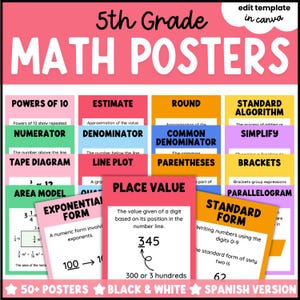 Könnte beinhalten: Eine Sammlung von Mathe-Postern für die 5. Klasse mit bunten rechteckigen Karten und pädagogischen Überschriften wie Powers of 10, Estimate, Round, Standard Algorithm, Numerator, Denominator, Common Denominator, Simplify, Tape Diagram, Line Plot, Parentheses, Brackets, Area Model, Exponential Form, Place Value und Standard Form.