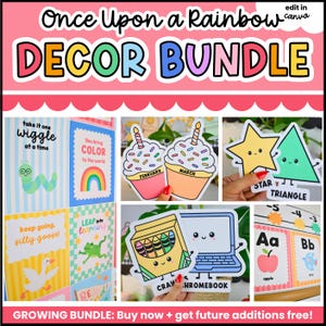 May include: A digital classroom decor bundle titled Once Upon a Rainbow featuring colorful printable posters, cutouts of cupcakes labeled February and March, shapes like a star and triangle, a crayon box, a laptop, and alphabet cards with letters Aa and Bb.