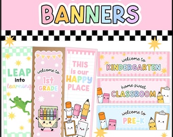 May include: A set of printable classroom banners featuring pastel colors and cartoon school supplies. Text includes "Pastel Vibes BANNERS", "LEAP into learning", "welcome to 1st GRADE", "THIS is our HAPPY PLACE", "welcome to KINDERGARTEN", "home sweet CLASSROOM", and "welcome to PRE-K".