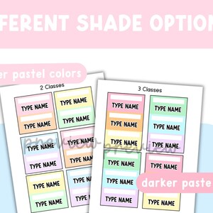 May include: Two printable sheets featuring rectangular labels in pastel colors. Each label contains the text TYPE NAME with a blank space for writing. The sheets are labeled 2 Classes and 3 Classes, with text overlays reading DIFFERENT SHADE OPTIONS, lighter pastel colors, and darker paste colors.