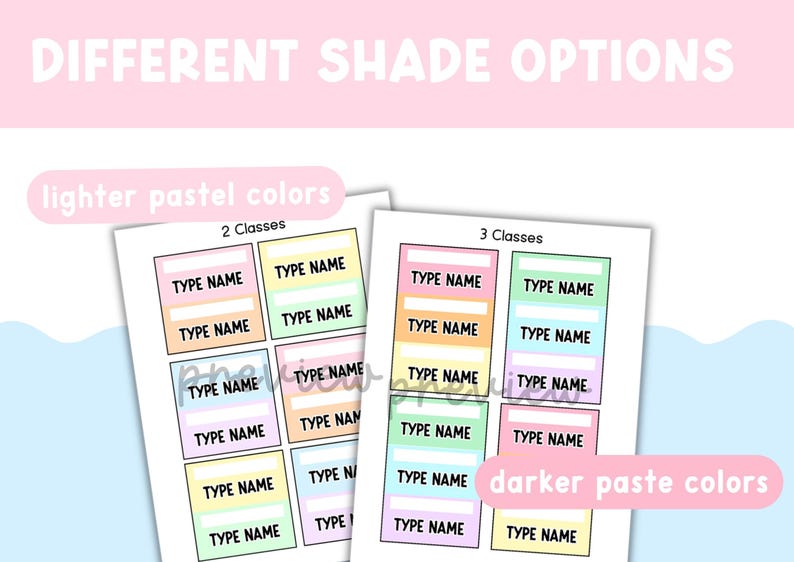 May include: Two printable sheets featuring rectangular labels in pastel colors. Each label contains the text TYPE NAME with a blank space for writing. The sheets are labeled 2 Classes and 3 Classes, with text overlays reading DIFFERENT SHADE OPTIONS, lighter pastel colors, and darker paste colors.