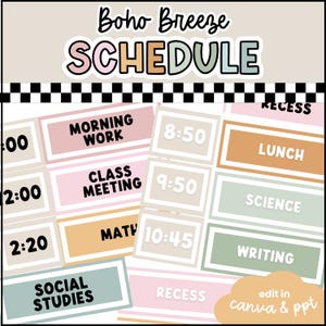 May include: A digital classroom schedule template titled Boho Breeze Schedule with a black and white checkered border. The layout features rectangular blocks in muted pink, orange, and sage green containing text for school activities like Morning Work, Lunch, Science, and Writing, alongside specific times.