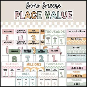May include: Educational place value chart set titled Boho Breeze Place Value featuring pastel coloured cards with numbers, place names like millions, thousands, and decimals, and checkered patterns. Includes various numerical place value labels.
